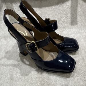 Sam Edelman Navy Patent Leather Buckle Block Heel Square Toe Pumps. Sz 9.5. 40.